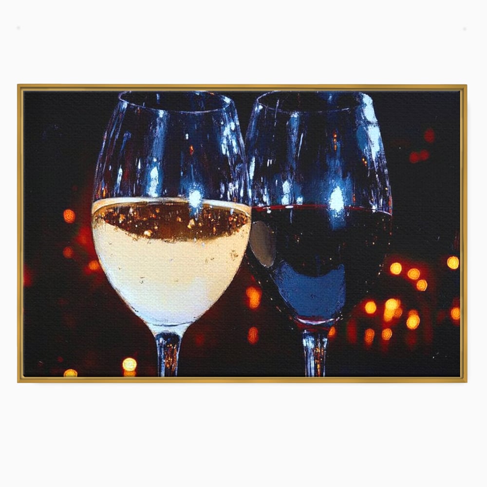 Tablou canvas cu tablou canvas cu doua pahare de vin, in rama de aluminiu auriu